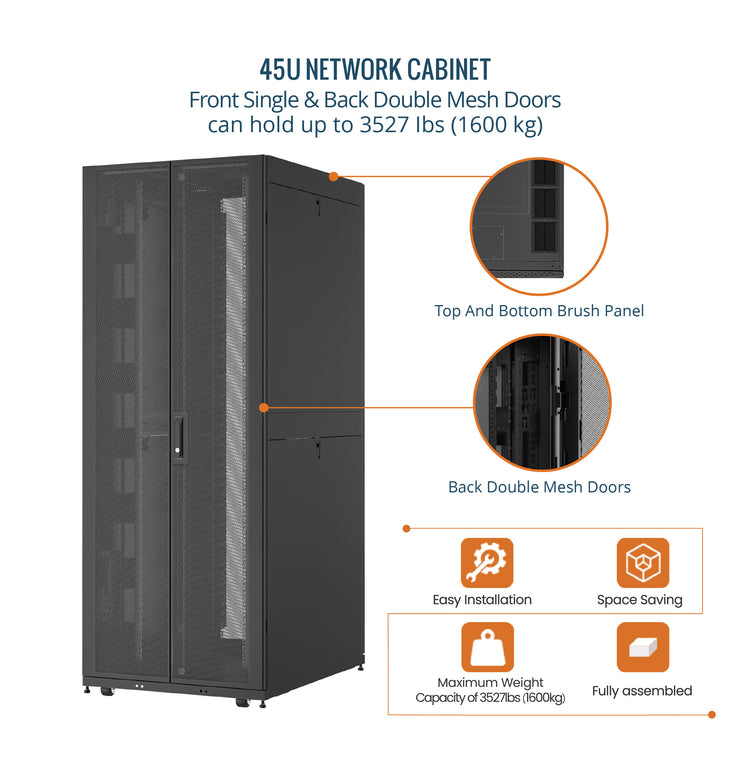 Tecmojo 45U 800 × 1000mm Premium Server Rack Cabinet, 19-Inch, 1364kg Load Capacity