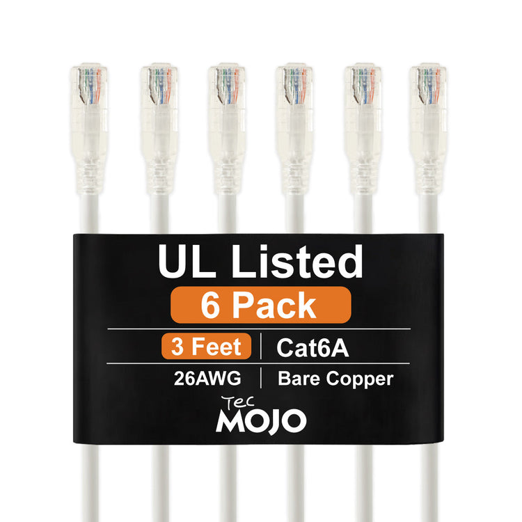 Tecmojo UL Listed Cat6 1M Ethernet Patch Cable, 26AWG 100% Pure Copper Conductors, Cat6 Network Cable, Snagless RJ45 for Router, Modem, Xbox, Laptop, Servers, 6-Pack, White