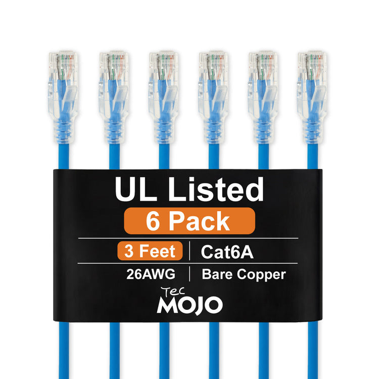 Tecmojo UL Listed Cat6 1M Ethernet Patch Cable, 26AWG 100% Pure Copper Conductors, Cat6 Network Cable, Snagless RJ45 for Router, Modem, Xbox, Laptop, Servers, 6-Pack, Blue