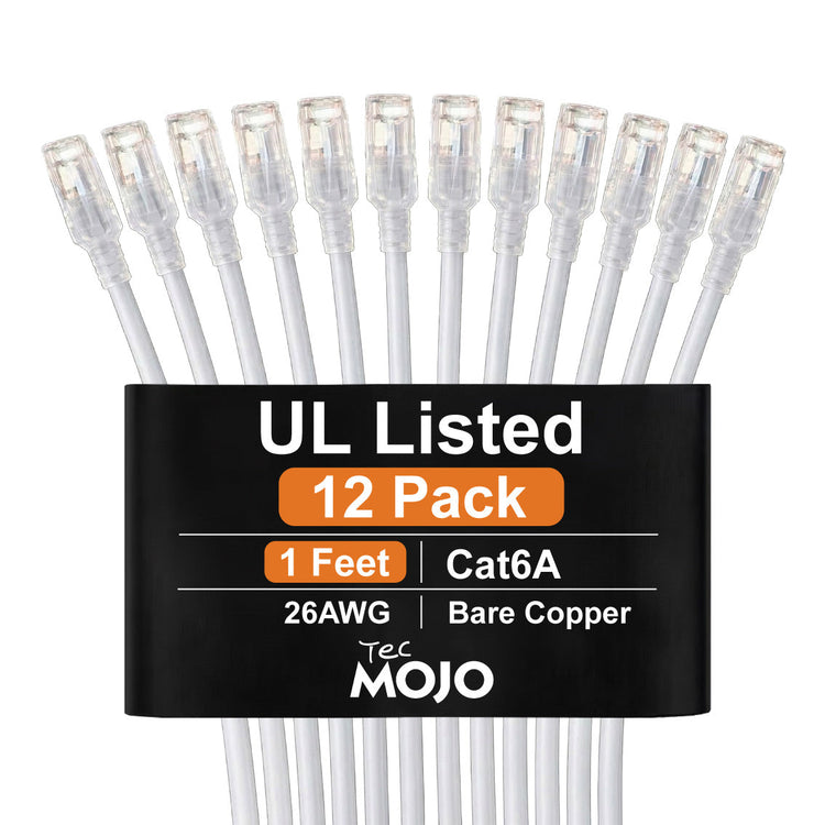 Tecmojo UL Listed Cat6 0.3M Ethernet Patch Cable, 26AWG 100% Pure Copper Conductors, Cat6 Network Cable, Snagless RJ45 for Router, Modem, Xbox, Laptop, Servers, 12-Pack, White