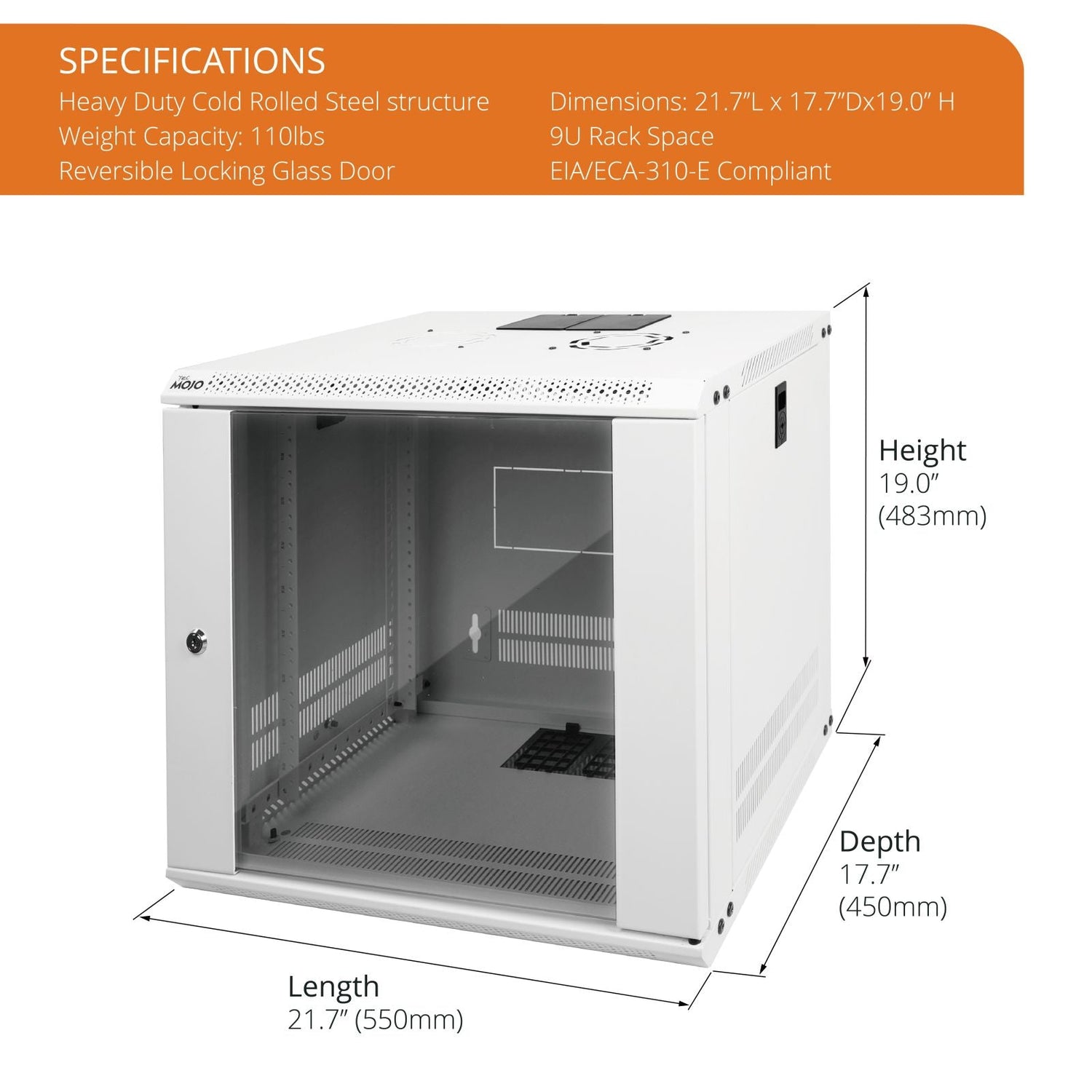 Tecmojo 9U 450mm Depth White Glass Door Standard Wall Mount Cabinet(Flat Pack)