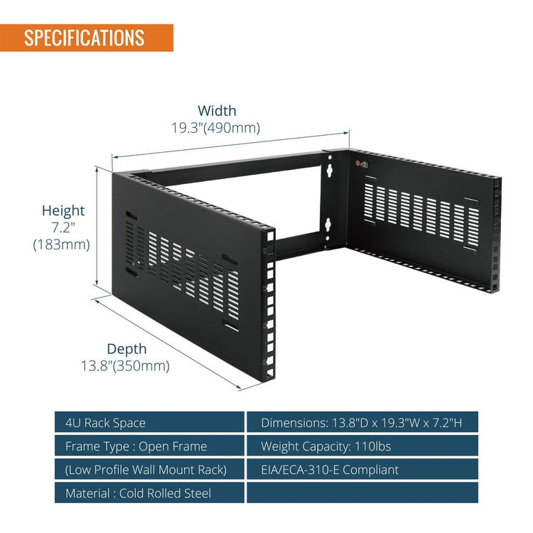 Tecmojo 4U Foldable Wall Mount Rack 13.8in Deep for Shallow Server and IT Equipment