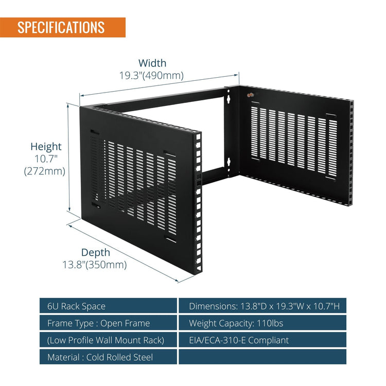 Tecmojo 6U Foldable Wall Mount Rack 13.8in Deep for Shallow Server and IT Equipment