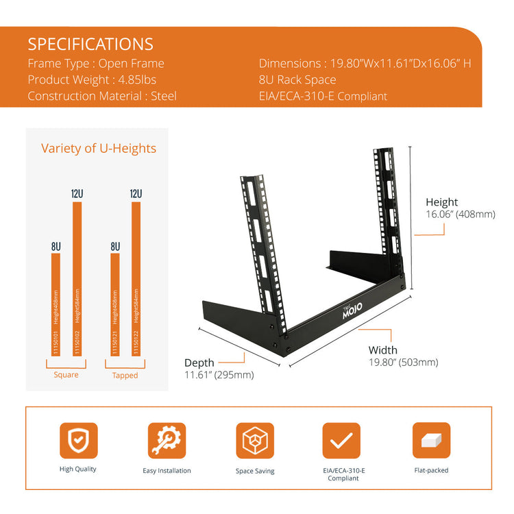 Tecmojo 12RU 19 inches Desktop Open Frame Rack, 2 Post Network Rack with Square Holes, Compact Switch Depth for Patch Panel/AV/Computer Equipment