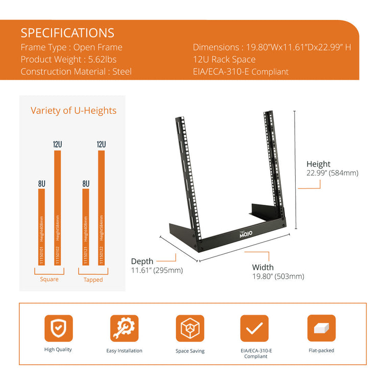 Tecmojo 12U Desktop Rack  2 Post Open Frame Rack for 19in Equipment（square hole）