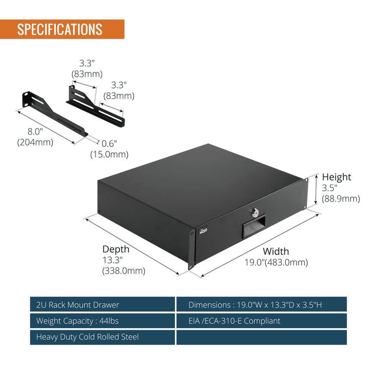 Tecmojo 2RU Rack Drawer, Sliding and Lockable Rack Mount Drawer for 19 inches Network Equipment/Server/AV Rack or Cabinets Enclosure, Load-Bearing 10kg, with Cable Management Holes, Black