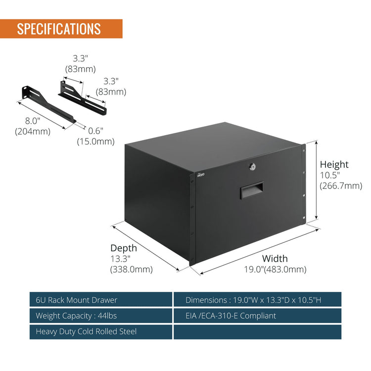 Tecmojo 6RU Rack Drawer, Sliding and Lockable Rack Mount Drawer for 19 inches Network Equipment/Server/AV Rack or Cabinets Enclosure, Load-Bearing 10kg, with Cable Management Holes, Black