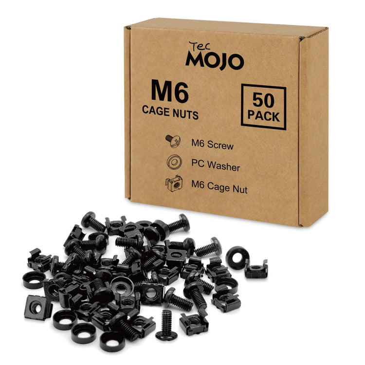 Tecmojo M6 Rack Screws & Cage Nuts - 50 Pack, M6 Mounting Screws and Cage Nuts for Server Rack, Enclosures and Cabinet, Black