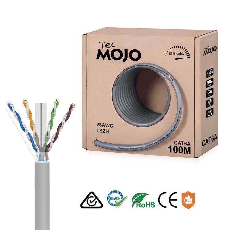 Tecmojo Cat6A FTP Shielded Cable 100m | Bare Copper LSZH Ethernet Cable | 10Gb PoE