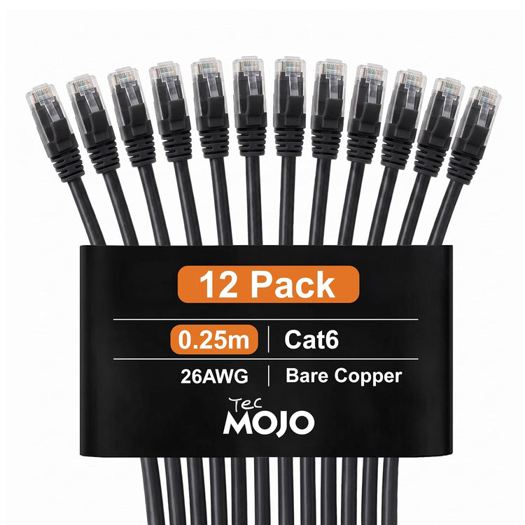 Tecmojo Ethernet Cable 0.25M, CAT 6 Ethernet Cable 12 Pack LAN Gigabit, RJ45 Pure Copper Core 1000Mbps for 250Mhz/s Cord, Network Patch Cord for Router Modem Patch Panel Faster Than Cat 5e/Cat 5, Black