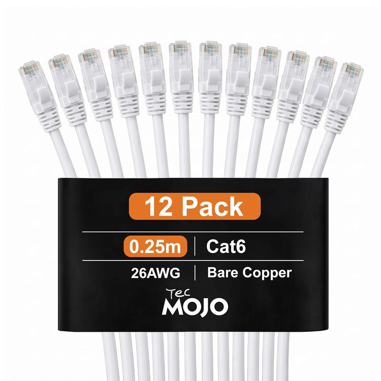 Tecmojo UL Listed Cat6 0.3M Ethernet Patch Cable, 26AWG 100% Pure Copper Conductors, Cat6 Network Cable, Snagless RJ45 for Router, Modem, Xbox, Laptop, Servers, 12-Pack, White