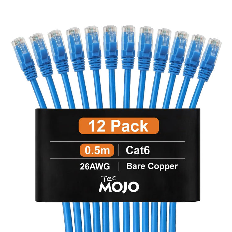 Tecmojo UL Listed Cat6 0.5M Ethernet Patch Cable, 26AWG 100% Pure Copper Conductors, Cat6 Network Cable, Snagless RJ45 for Router, Modem, Xbox, Laptop, Servers, 12-Pack, Blue