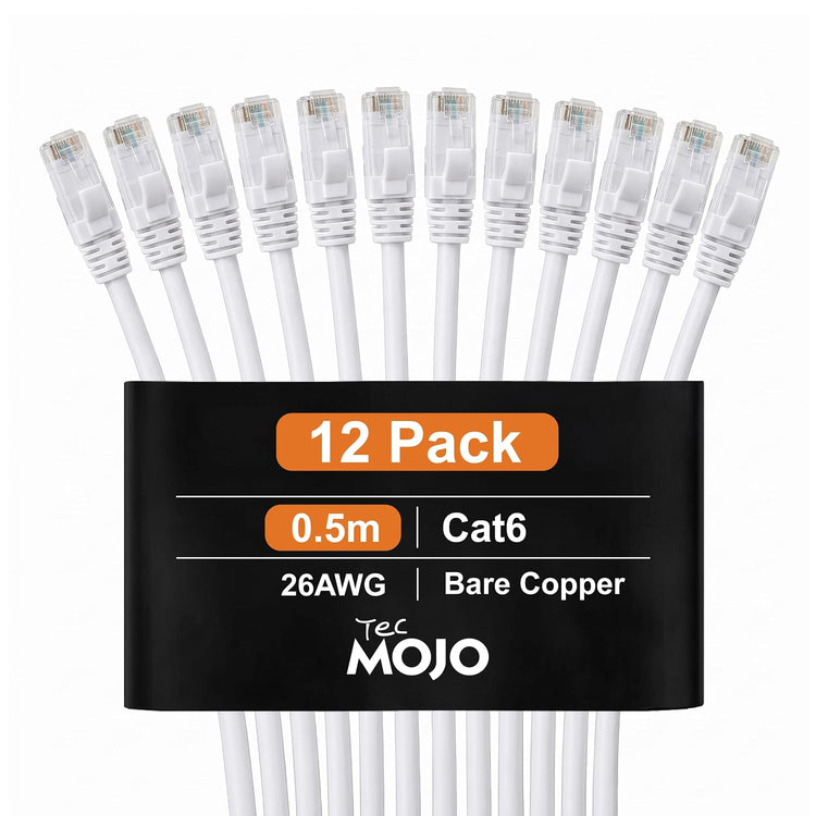 Tecmojo UL Listed Cat6 0.5M Ethernet Patch Cable, 26AWG 100% Pure Copper Conductors, Cat6 Network Cable, Snagless RJ45 for Router, Modem, Xbox, Laptop, Servers, 12-Pack, White