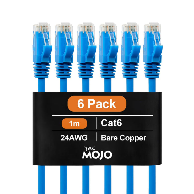 Tecmojo UL Listed Cat6 1M Ethernet Patch Cable, 26AWG 100% Pure Copper Conductors, Cat6 Network Cable, Snagless RJ45 for Router, Modem, Xbox, Laptop, Servers, 6-Pack, Blue