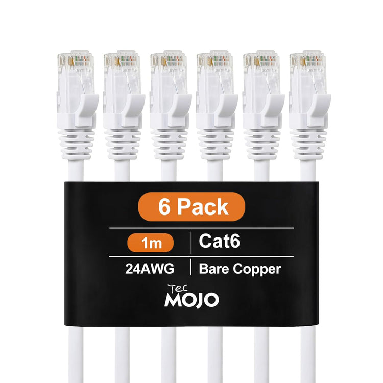 Tecmojo UL Listed Cat6 1M Ethernet Patch Cable, 26AWG 100% Pure Copper Conductors, Cat6 Network Cable, Snagless RJ45 for Router, Modem, Xbox, Laptop, Servers, 6-Pack, White
