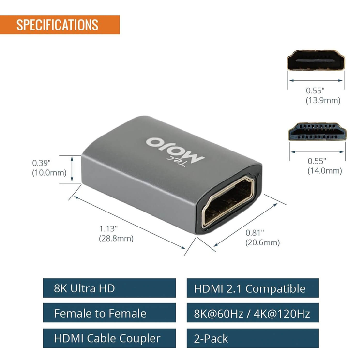 Tecmojo 8K HDMI Coupler, HDMI 2.1 Female to Female Connector Extender Gold-Plated High-Speed, Support 8K@60Hz / 4K@120Hz for Laptop, PC, Monitor, Projector, Roku TV, 2 Pack, Grey