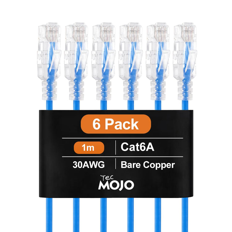 Tecmojo Cat6A Ethernet Cable, 1m Patch Cable 6 Pack 30AWG Ultra Thin 10 Gbps RJ45 Pure Copper Core LSZH Network Patch Cord for Router Modem Patch Panel Faster Than Cat6 Cat5e and Cat5, Blue