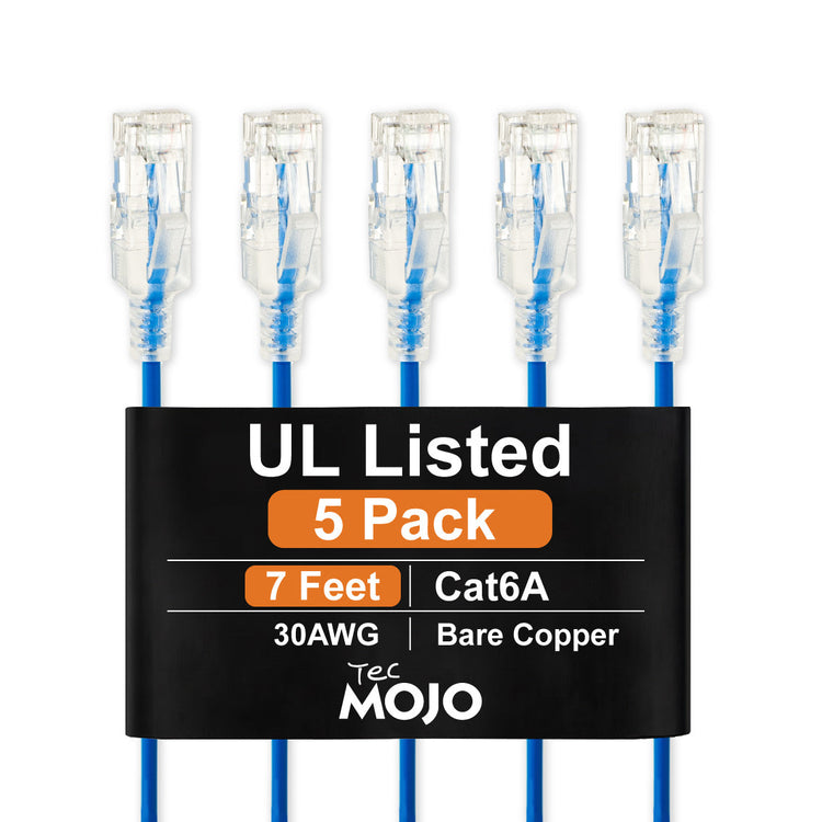 Tecmojo UL Listed Ultra-Slim Cat6a 2M Ethernet Patch Cable, 30AWG 100% Pure Copper, 10Gbps 550MHz Network Cable for Router, Modem, Xbox, Laptop, Servers, 5-Pack, Blue