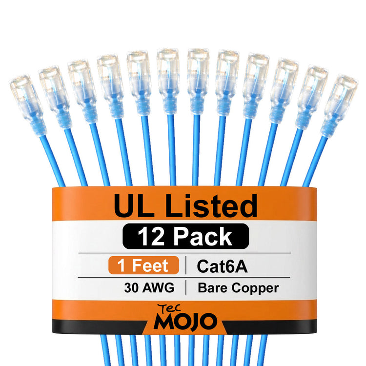 Tecmojo UL Listed Ultra-Slim Cat6a 0.25M Ethernet Patch Cable, 30AWG 100% Pure Copper, 10Gbps 550MHz Network Cable for Router, Modem, Xbox, Laptop, Servers, 12-Pack, Blue