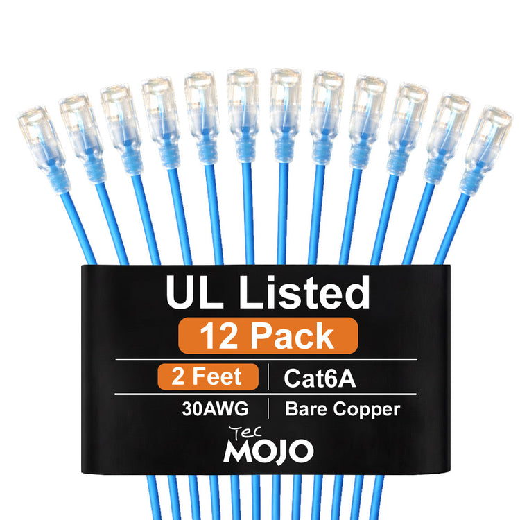 Tecmojo UL Listed Ultra-Slim Cat6a 0.5M Ethernet Patch Cable, 30AWG 100% Pure Copper, 10Gbps 550MHz Network Cable for Router, Modem, Xbox, Laptop, Servers, 12-Pack, Blue