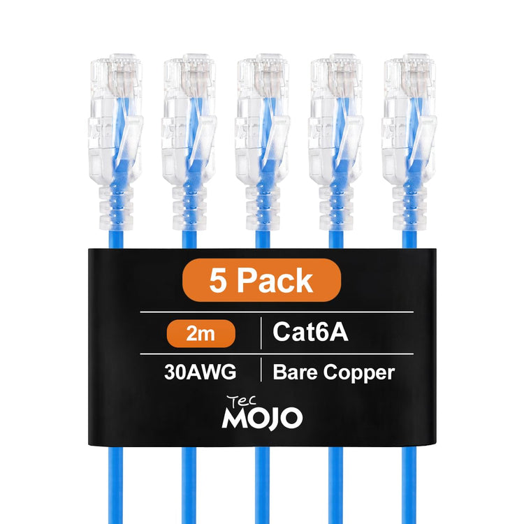 Tecmojo Cat6A Ethernet Cable, 2m Patch Cable 5 Pack 30AWG Ultra Thin 10 Gbps RJ45 Pure Copper Core LSZH Network Patch Cord for Router Modem Patch Panel Faster Than Cat6 Cat5e and Cat5, Blue