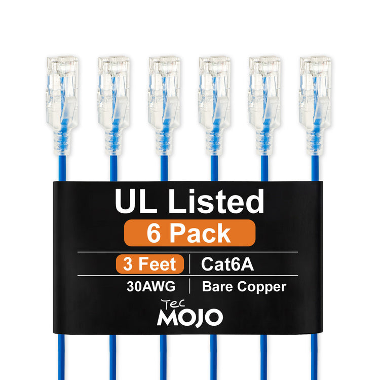 Tecmojo UL Listed Ultra-Slim Cat6a 1M Ethernet Patch Cable, 30AWG 100% Pure Copper, 10Gbps 550MHz Network Cable for Router, Modem, Xbox, Laptop, Servers, 6-Pack, Blue