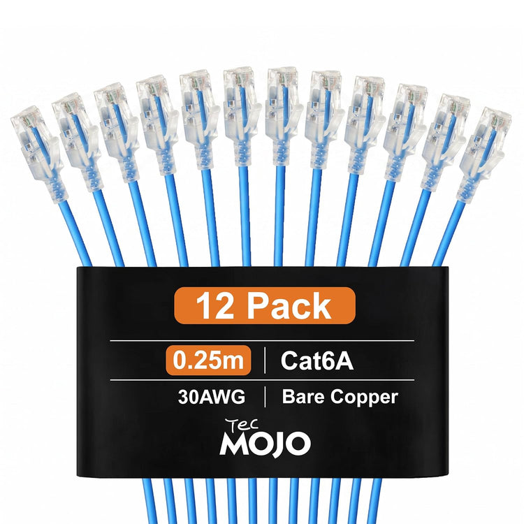 Tecmojo Cat6A Ethernet Cable, 0.25m Patch Cable 12 Pack 30AWG Ultra Thin 10 Gbps RJ45 Pure Copper Core LSZH Network Patch Cord for Router Modem Patch Panel Faster Than Cat6 Cat5e and Cat5, Blue