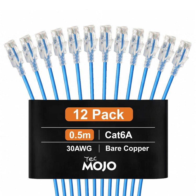 Tecmojo Cat6A Ethernet Cable, 0.5m Patch Cable 12 Pack 30AWG Ultra Thin 10 Gbps RJ45 Pure Copper Core LSZH Network Patch Cord for Router Modem Patch Panel Faster Than Cat6 Cat5e and Cat5, Blue