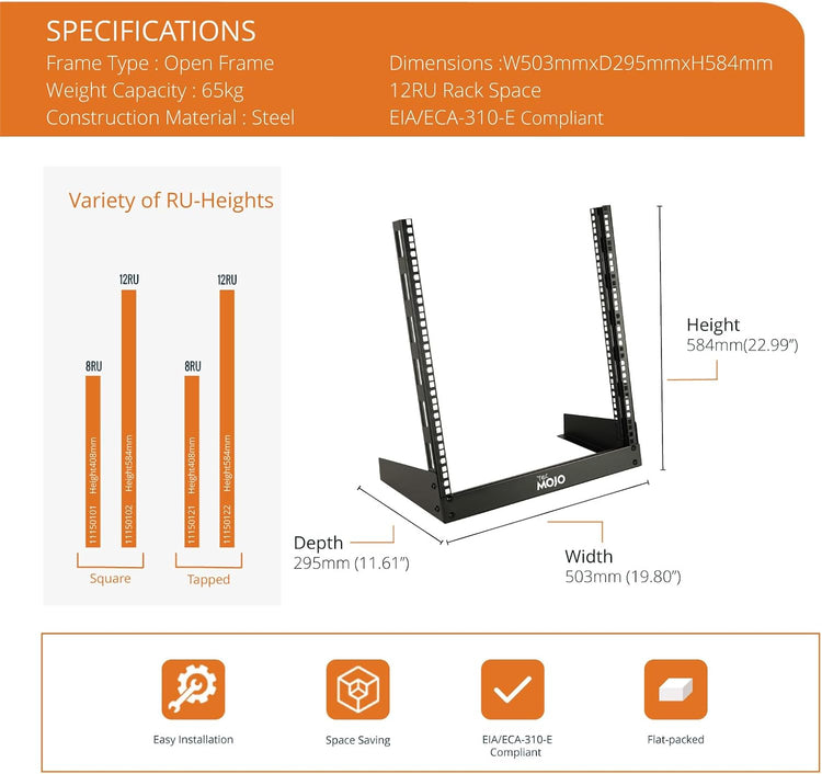 Tecmojo 12RU 19 inches Desktop Open Frame Rack, 2 Post Network Rack with Square Holes, Compact Switch Depth for Patch Panel/AV/Computer Equipment