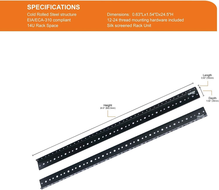 Tecmojo 14U Rack Rail Vertical, Pair Vertical DIY Rack Rails Kit for DIY Server and Studio Racks Included to Mount Server or Network Equipment