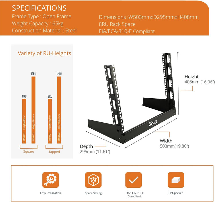 Tecmojo 8RU 19 inches Desktop Open Frame Rack, 2 Post Network Rack with Square Holes, Compact Switch Depth for Patch Panel/AV/Computer Equipment