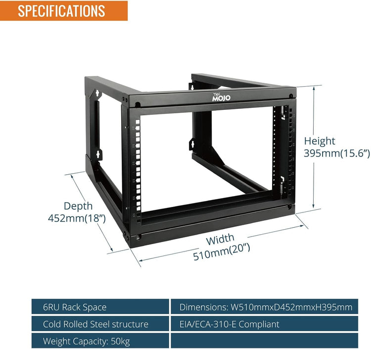 Tecmojo 2 Post 6RU Wall Mount Server Rack, 19 inches Open Frame Server Rack with 180 Degree Swing Gate, 457 mm Deep, for Computer/AV/Data/IT/Media Equipment