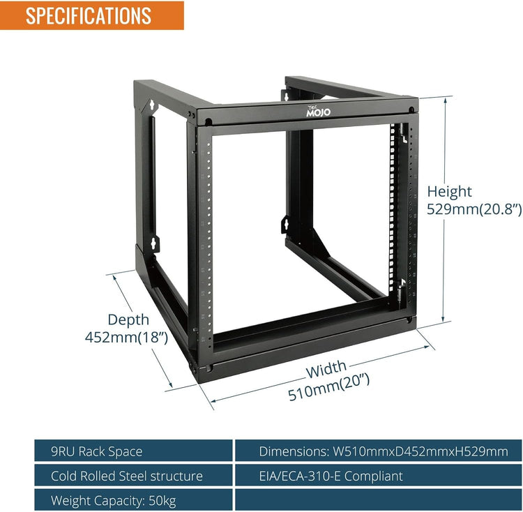 Tecmojo 2 Post 9RU Wall Mount Server Rack, 19 inches Open Frame Server Rack with 180 Degree Swing Gate, 457 mm Deep, for Computer/AV/Data/IT/Media Equipment