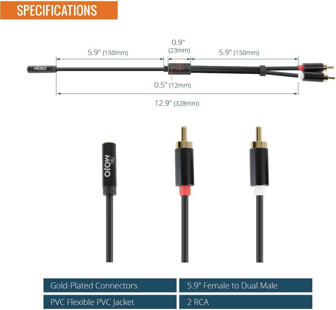 Tecmojo 2 Pack Audio Y Cable 3.5mm Female to 2 RCA Splitter Male Audio Y Cable, Gold Plated Adapter for TV, Smartphones, Record Player, MP3, Tablets, Speakers, Home Theater