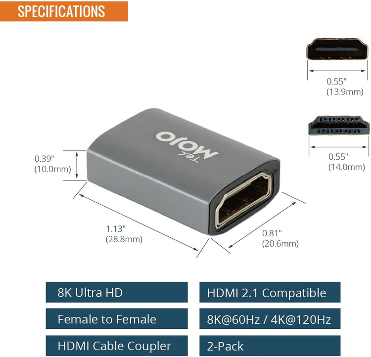 Tecmojo 8K HDMI Coupler, HDMI 2.1 Female to Female Connector Extender Gold-Plated High-Speed, Support 8K@60Hz / 4K@120Hz for Laptop, PC, Monitor, Projector, Roku TV, 2 Pack, Grey