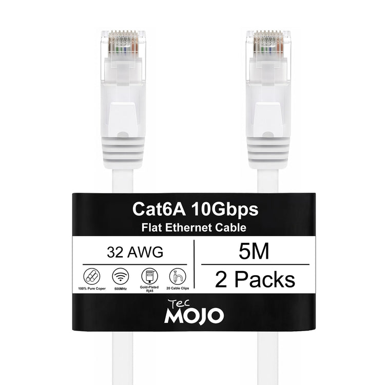 Tecmojo Flat Cat6A 0.25m Ethernet Cable 6 Pack 10Gbps High Speed Patch Cord 32AWG Pure Copper Core PVC RJ45 Network Cable for Laptop Router Modem Patch Panel Faster Than Cat6 Cat5e and Cat5, White
