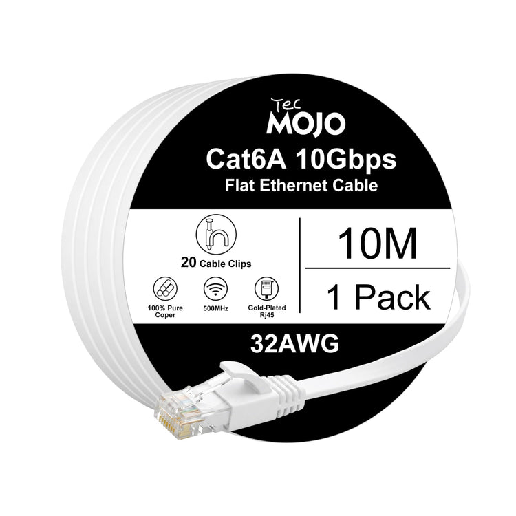 Tecmojo Flat Cat6A 0.25m Ethernet Cable 6 Pack 10Gbps High Speed Patch Cord 32AWG Pure Copper Core PVC RJ45 Network Cable for Laptop Router Modem Patch Panel Faster Than Cat6 Cat5e and Cat5, White