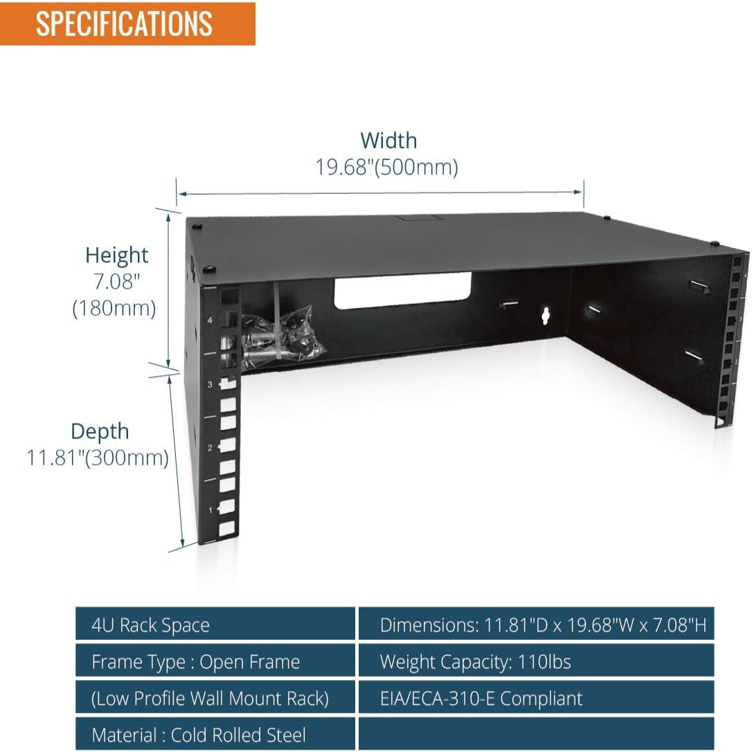 Tecmojo Server Rack 4U Wall Mount Open Frame Rack 300mm Deep 19'' Width with Top Cover for Shallow Server, Network Switches, IT Equipment