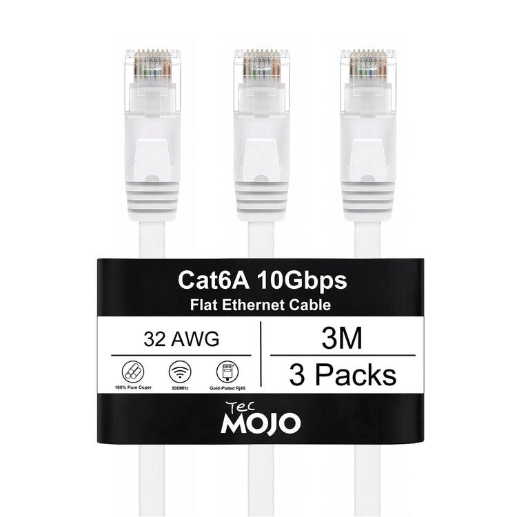 Tecmojo Flat Cat6A 0.25m Ethernet Cable 6 Pack 10Gbps High Speed Patch Cord 32AWG Pure Copper Core PVC RJ45 Network Cable for Laptop Router Modem Patch Panel Faster Than Cat6 Cat5e and Cat5, White