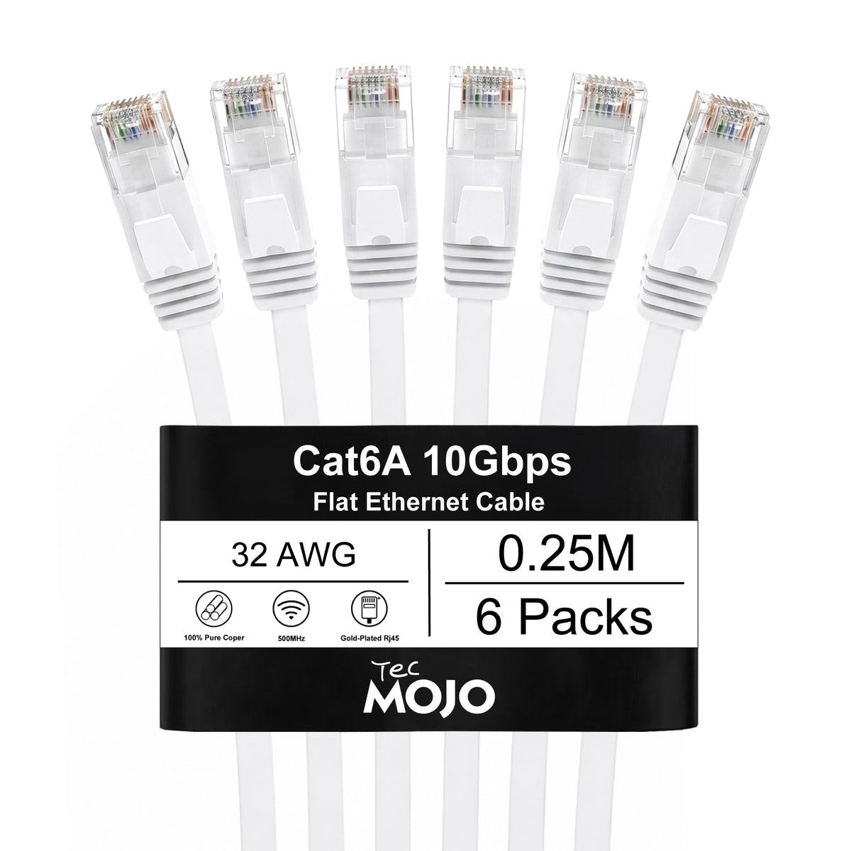 Tecmojo Flat Cat6A 0.25m Ethernet Cable 6 Pack 10Gbps High Speed Patch Cord 32AWG Pure Copper Core PVC RJ45 Network Cable for Laptop Router Modem Patch Panel Faster Than Cat6 Cat5e and Cat5, White
