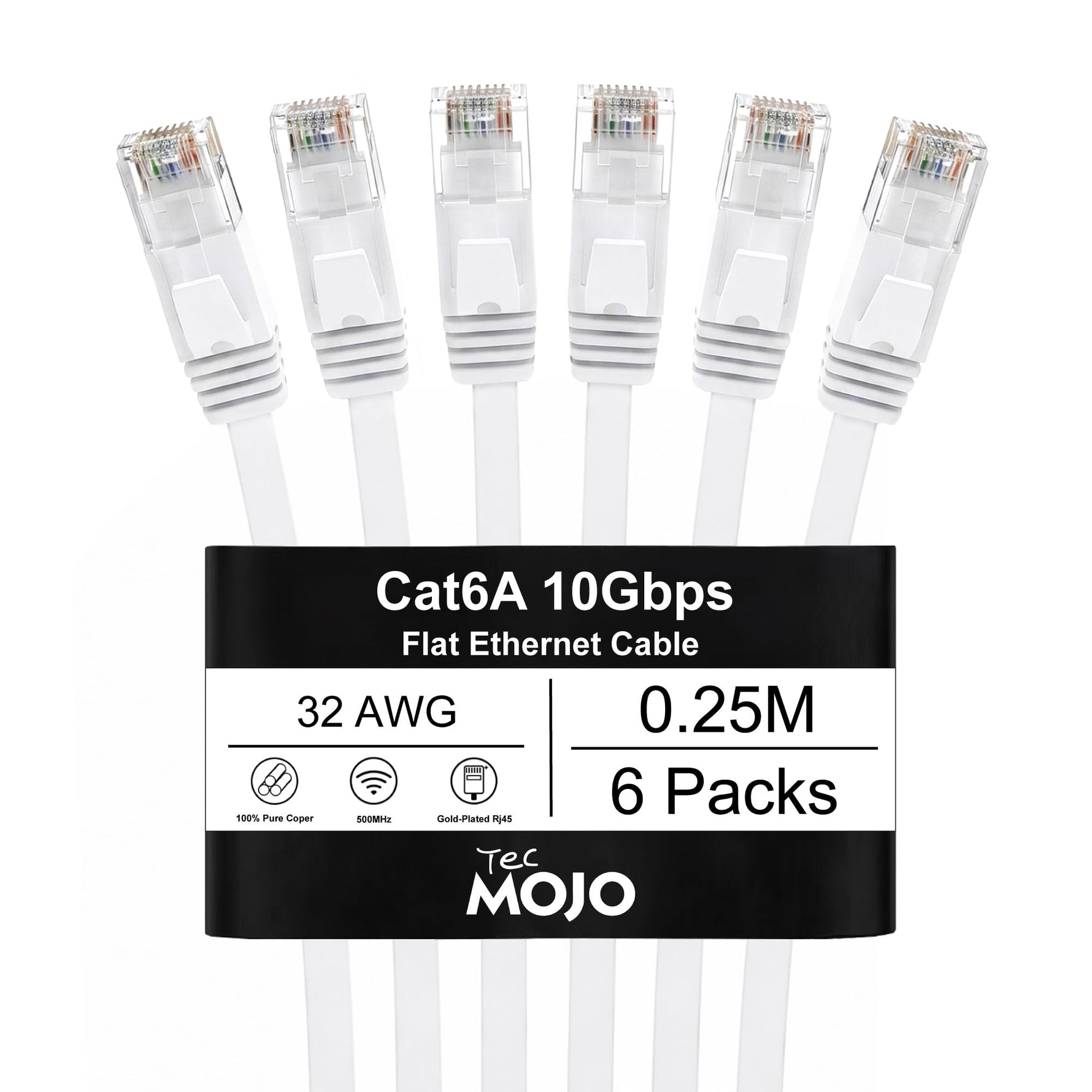 Tecmojo Flat Cat6A 0.25m Ethernet Cable 6 Pack 10Gbps High Speed Patch Cord 32AWG Pure Copper Core PVC RJ45 Network Cable for Laptop Router Modem Patch Panel Faster Than Cat6 Cat5e and Cat5, White