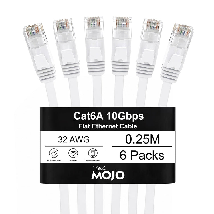 Tecmojo Flat Cat6A 0.25m Ethernet Cable 6 Pack 10Gbps High Speed Patch Cord 32AWG Pure Copper Core PVC RJ45 Network Cable for Laptop Router Modem Patch Panel Faster Than Cat6 Cat5e and Cat5, White