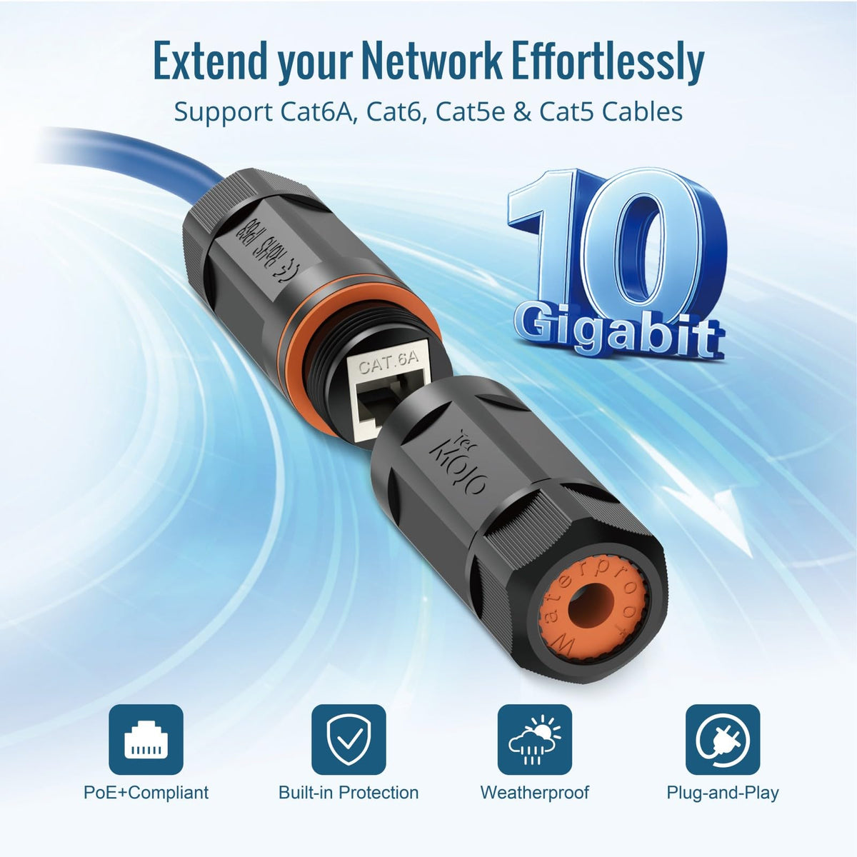 Tecmojo 6 Pack Waterproof Cat 6 RJ45 Connector, IP68 120mm Length Cat 6/Cat 5E/Cat 5 Shielded Waterproof RJ45 Coupler Outdoor Cable Extender for Outdoor Ethernet LAN Cable