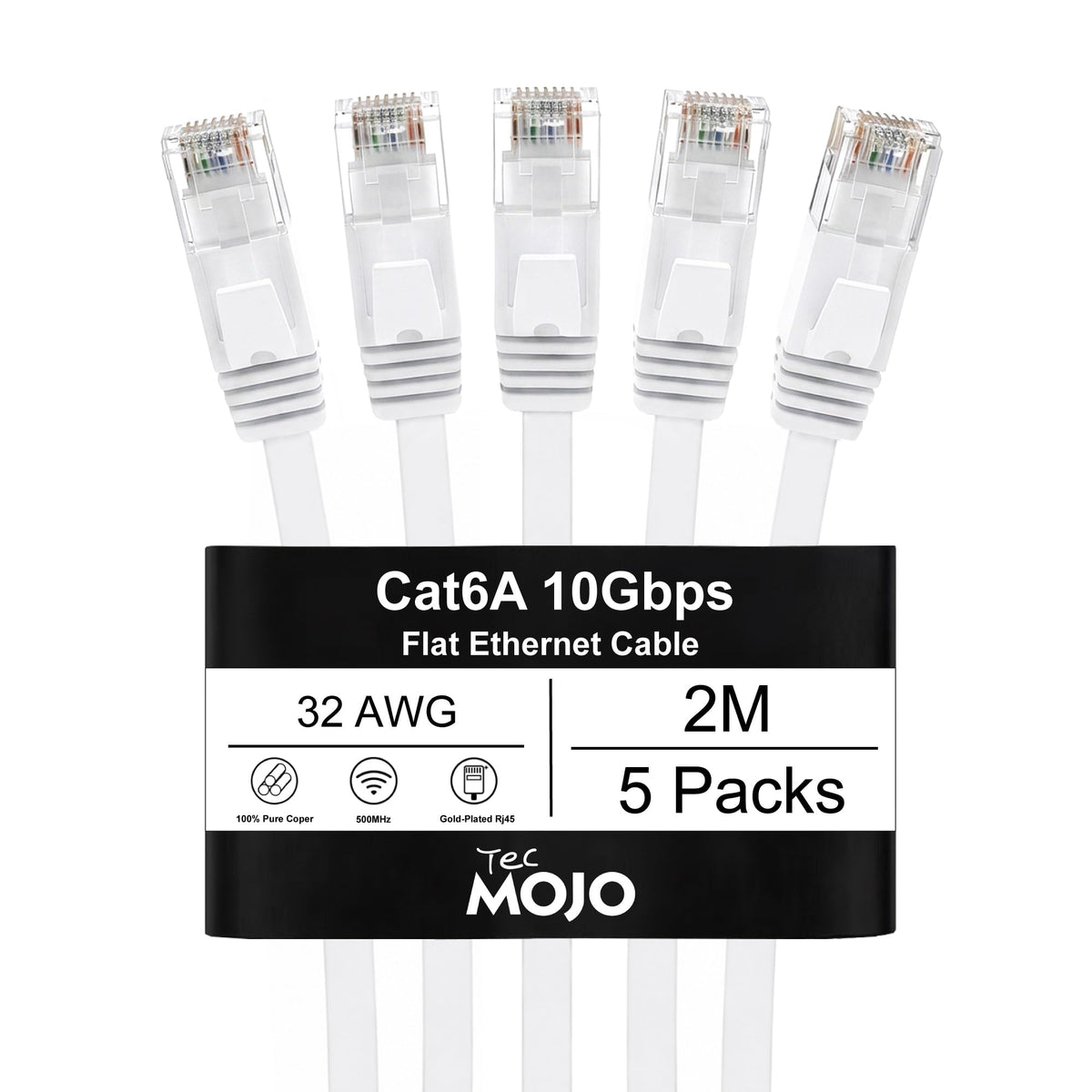 Tecmojo Flat Cat6A 0.25m Ethernet Cable 6 Pack 10Gbps High Speed Patch Cord 32AWG Pure Copper Core PVC RJ45 Network Cable for Laptop Router Modem Patch Panel Faster Than Cat6 Cat5e and Cat5, White