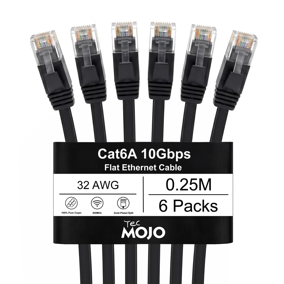 Tecmojo Flat Cat6A 0.25m Ethernet Cable 6 Pack 10Gbps High Speed Patch Cord 32AWG Pure Copper Core PVC RJ45 Network Cable for Laptop Router Modem Patch Panel Faster Than Cat6 Cat5e and Cat5, White