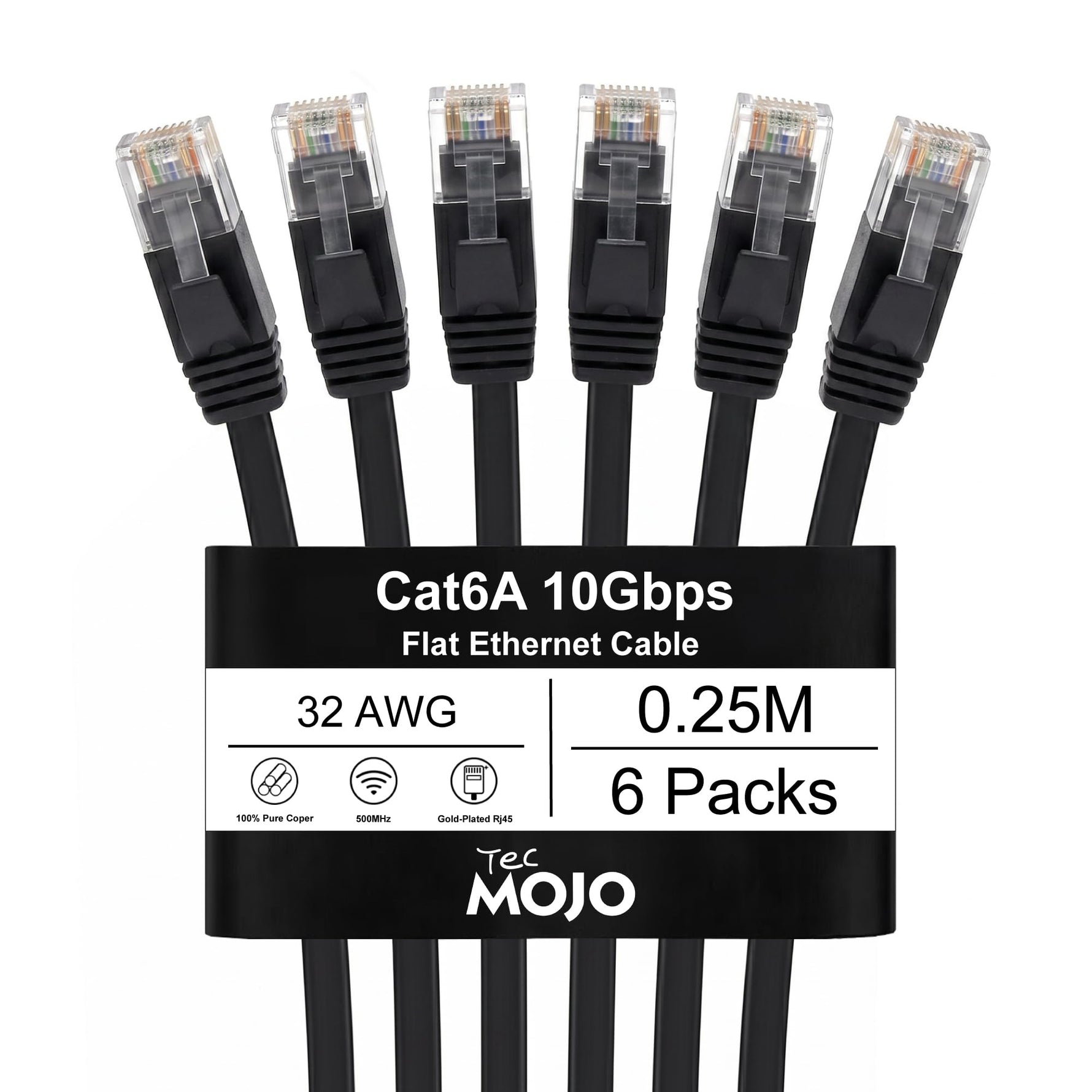 Tecmojo Flat Cat6A 0.25m Ethernet Cable 6 Pack 10Gbps High Speed Patch Cord 32AWG Pure Copper Core PVC RJ45 Network Cable for Laptop Router Modem Patch Panel Faster Than Cat6 Cat5e and Cat5, White