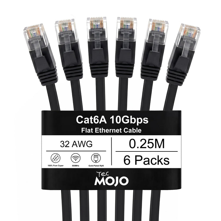 Tecmojo Flat Cat6A 0.25m Ethernet Cable 6 Pack 10Gbps High Speed Patch Cord 32AWG Pure Copper Core PVC RJ45 Network Cable for Laptop Router Modem Patch Panel Faster Than Cat6 Cat5e and Cat5, White