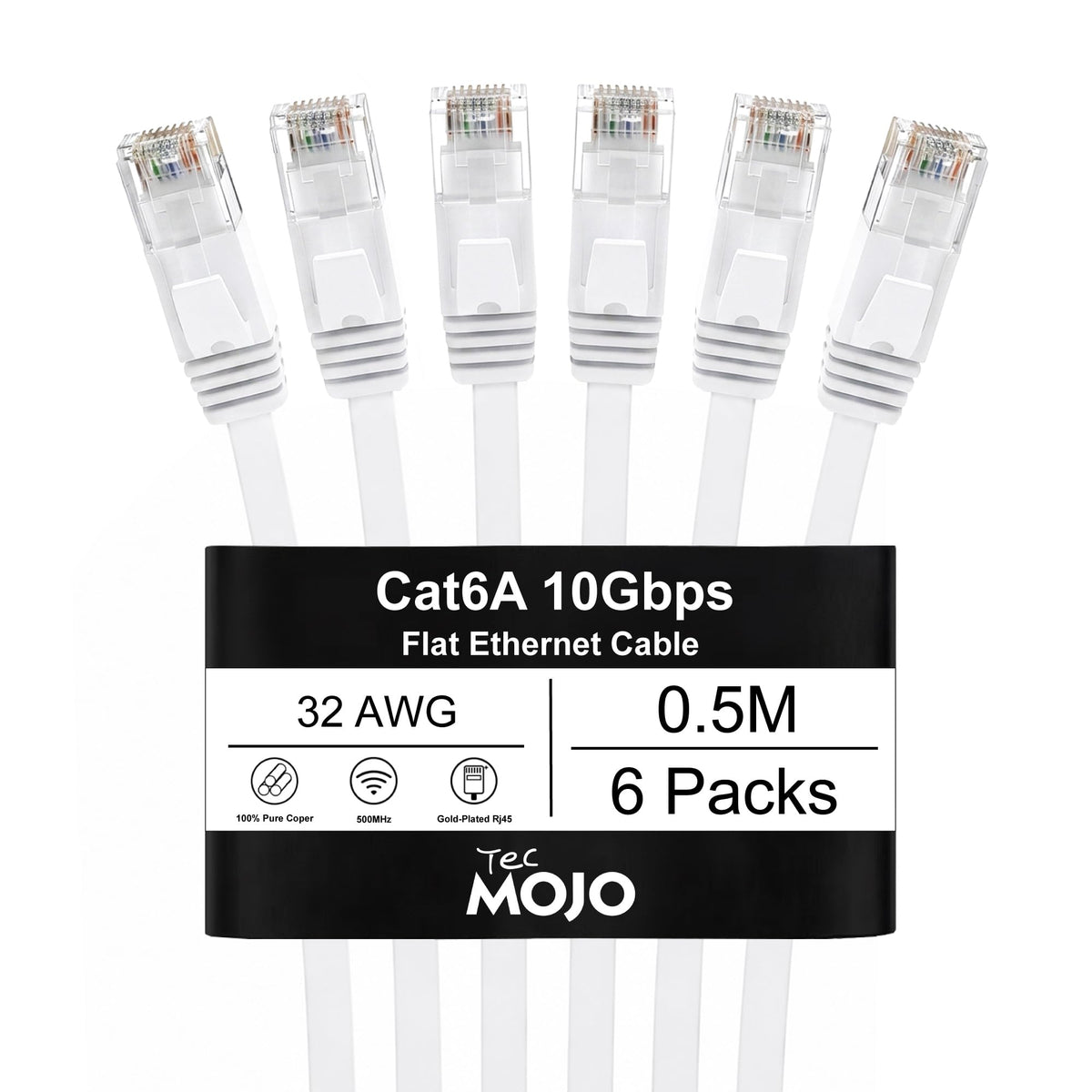 Tecmojo Flat Cat6A 0.25m Ethernet Cable 6 Pack 10Gbps High Speed Patch Cord 32AWG Pure Copper Core PVC RJ45 Network Cable for Laptop Router Modem Patch Panel Faster Than Cat6 Cat5e and Cat5, White