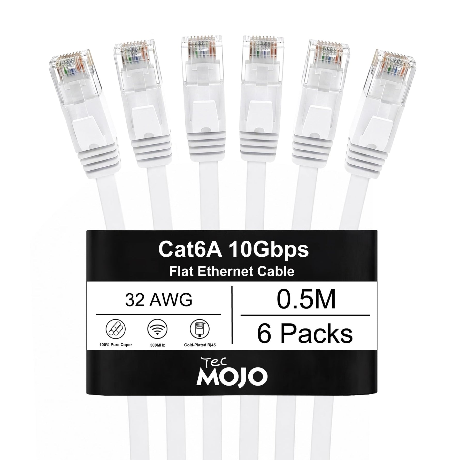 Tecmojo Flat Cat6A 0.25m Ethernet Cable 6 Pack 10Gbps High Speed Patch Cord 32AWG Pure Copper Core PVC RJ45 Network Cable for Laptop Router Modem Patch Panel Faster Than Cat6 Cat5e and Cat5, White