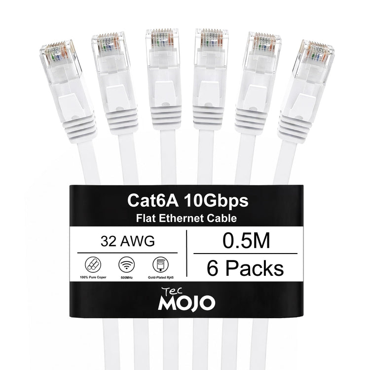 Tecmojo Flat Cat6A 0.25m Ethernet Cable 6 Pack 10Gbps High Speed Patch Cord 32AWG Pure Copper Core PVC RJ45 Network Cable for Laptop Router Modem Patch Panel Faster Than Cat6 Cat5e and Cat5, White